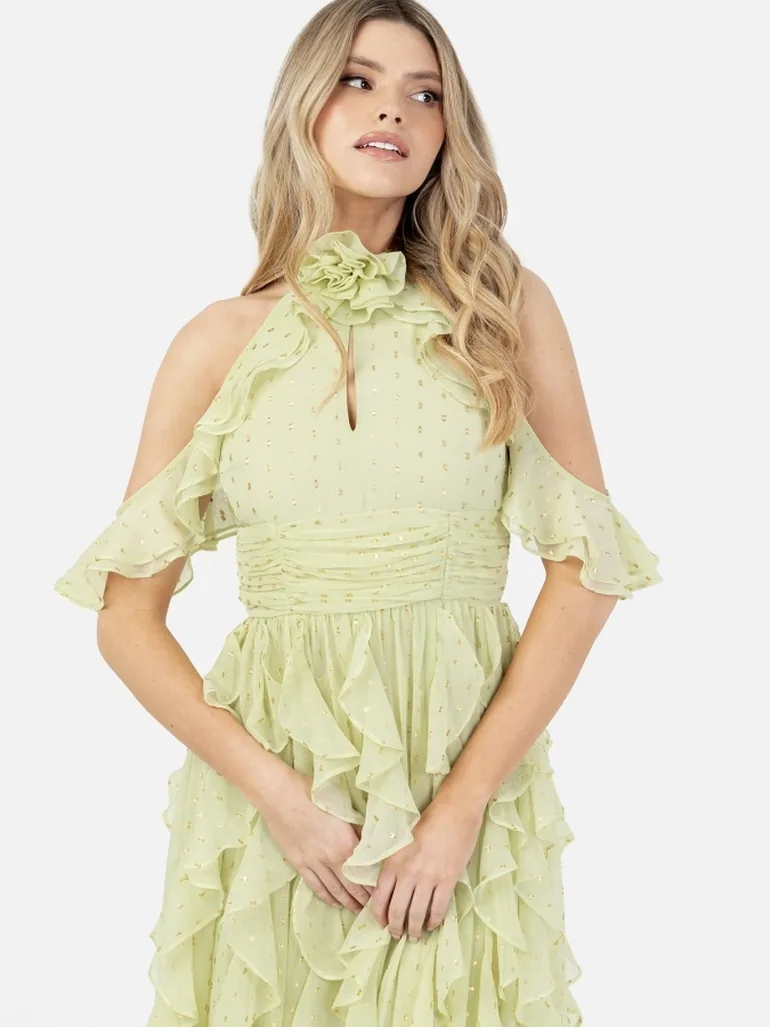Anaya With Love Recycled Spring Green Cold Shoulder Waterfall Ruffle Maxi Dress - 2