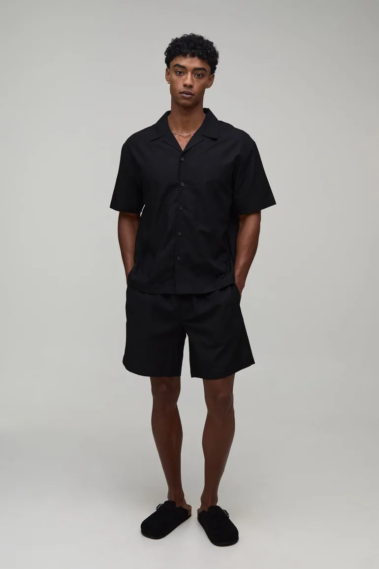 Homme Racing Back Print Oversized Shirt & Short Set - black