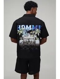 Homme Racing Back Print Oversized Shirt & Short Set - black - 1