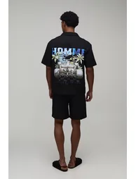 Homme Racing Back Print Oversized Shirt & Short Set - black - 3