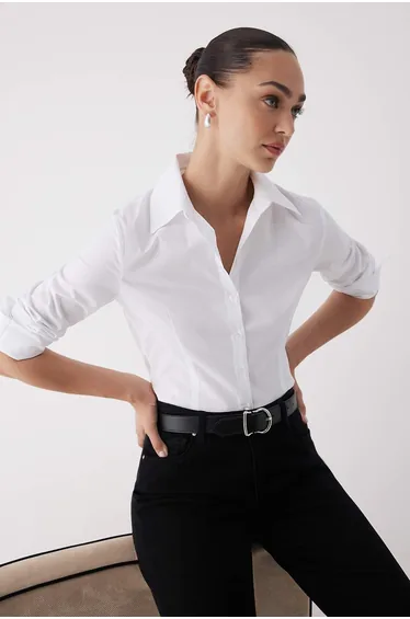 White Lightly Waisted Fitted Woven Shirt