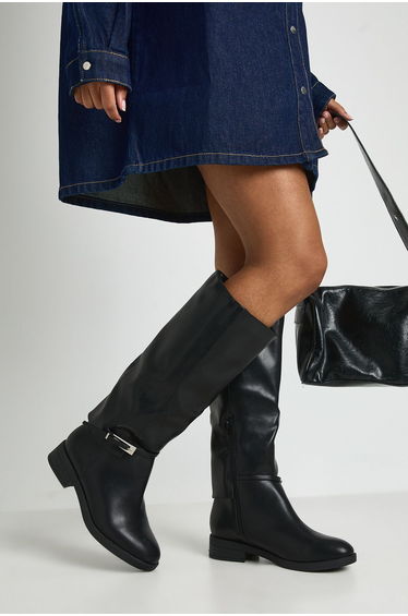 Fold Over Buckle Detail Flat Knee High Boots - black