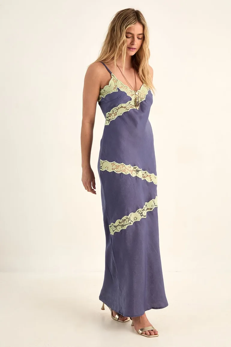 Hammered Satin Cutwork Lace Insert Maxi Dress - 3