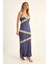 Hammered Satin Cutwork Lace Insert Maxi Dress