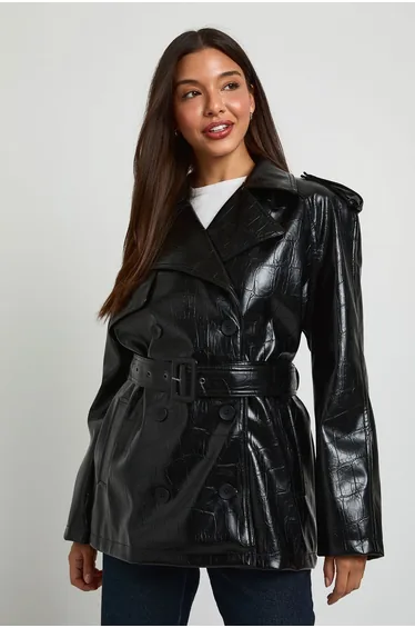 Croc Faux Leather Belted Trench Coat - black