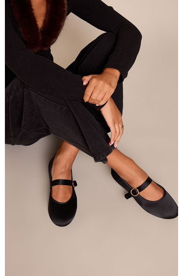 Black Wide Fit Satin Buckle Mary Jane Flat