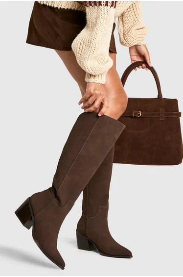 Wide Fit Nubuck Western Cowboy Boots - choc brown