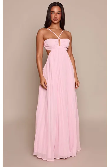 Petite Pink Pleated Tie Front Cut Out Waist Bandeau Maxi Dress