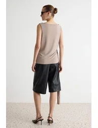 Mink Plain Tie Detail Degaje Collar Sleeveless Modal Fabric Knitted Blouse - 4