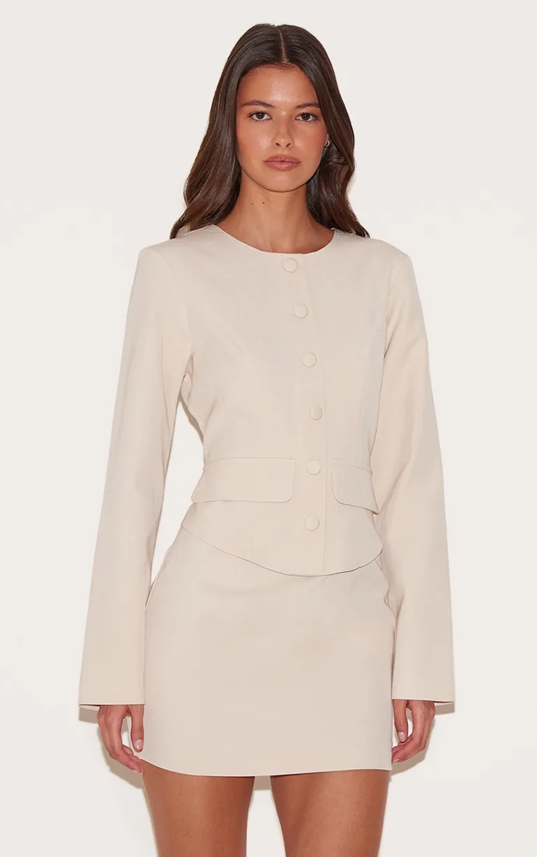Almond Woven Tailored Button Up Mini Dress - 1