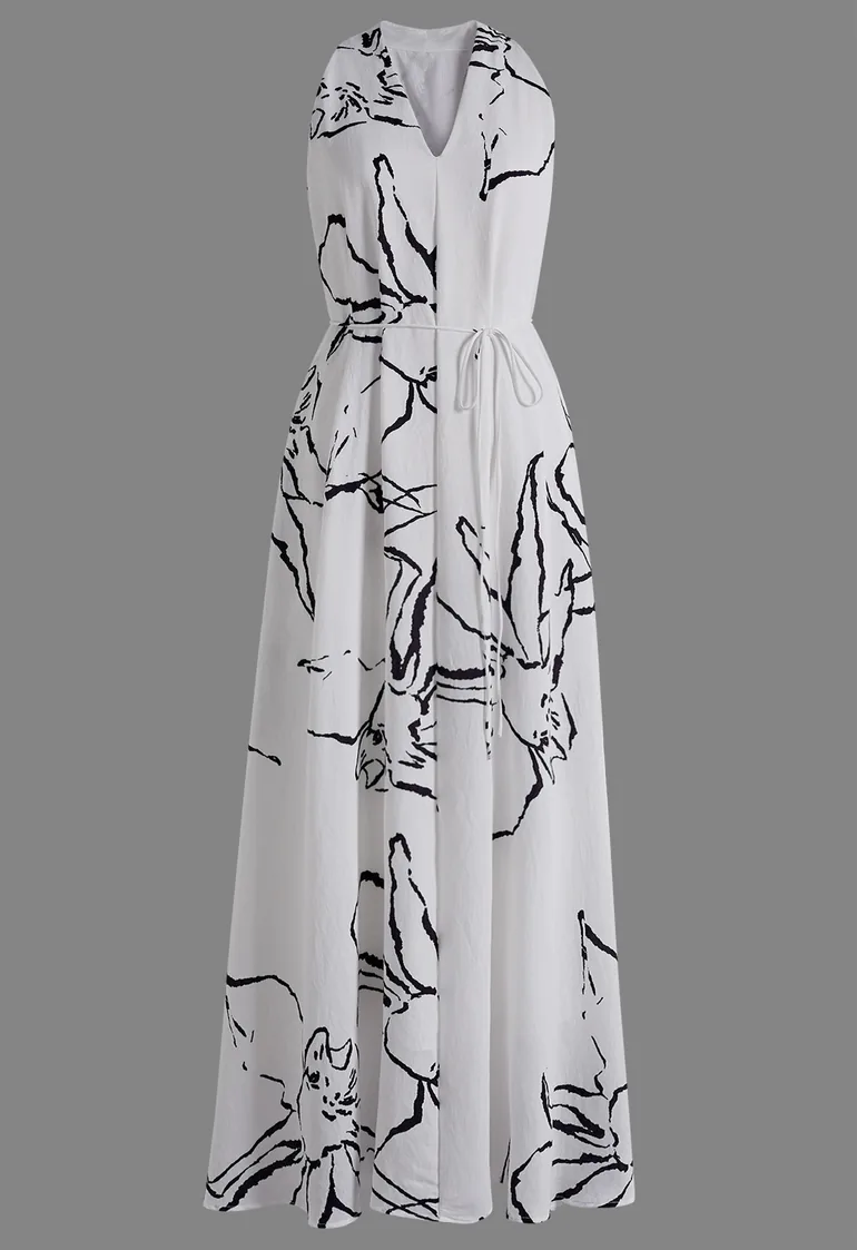 Sketch Floral Tie-Waist Halter Maxi Dress in White for Vacations & Beachside Dinners - 3