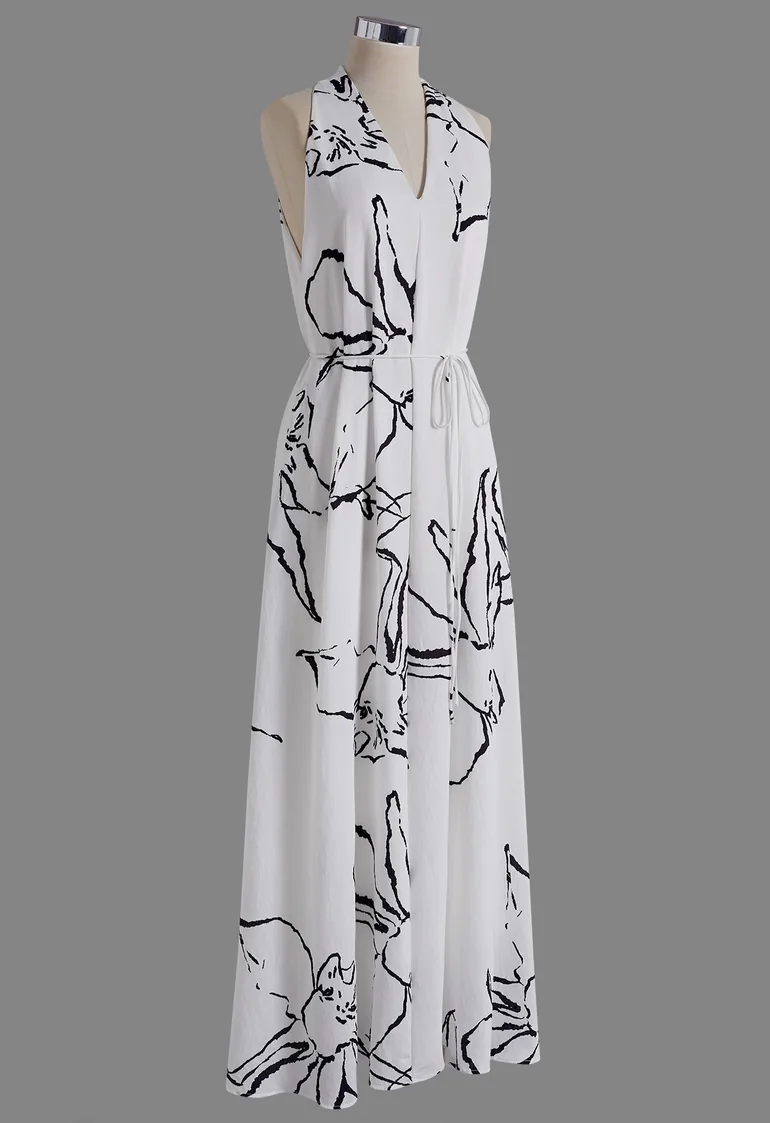 Sketch Floral Tie-Waist Halter Maxi Dress in White for Vacations & Beachside Dinners - 8