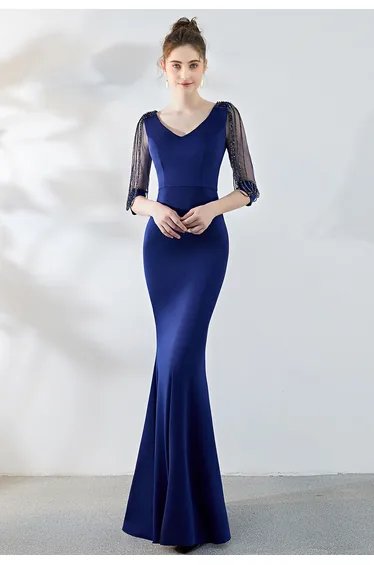 Draped Bead Mesh Sleeve Gown in Navy