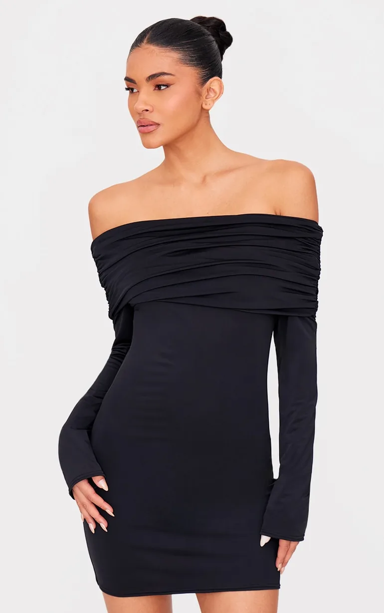 Black Matte Sculpt Double Layer Foldover Bardot Long Sleeve Mini Dress - 3