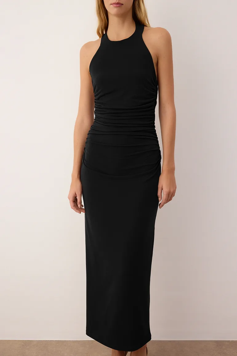 Black Plain Shirring / Drape Midi Twist Detailed Stretchy Knitted Dress - 6