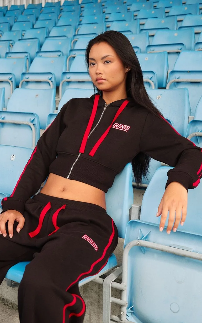 Black 'NY Giants' Embroidered Super Wide Leg Joggers - 3