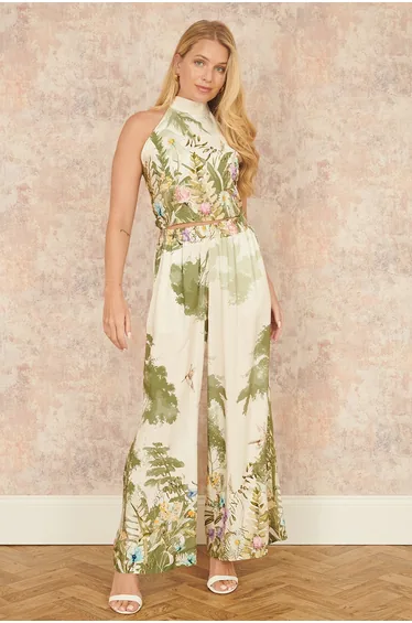 Yumi White Palm Print Wide Leg Trousers