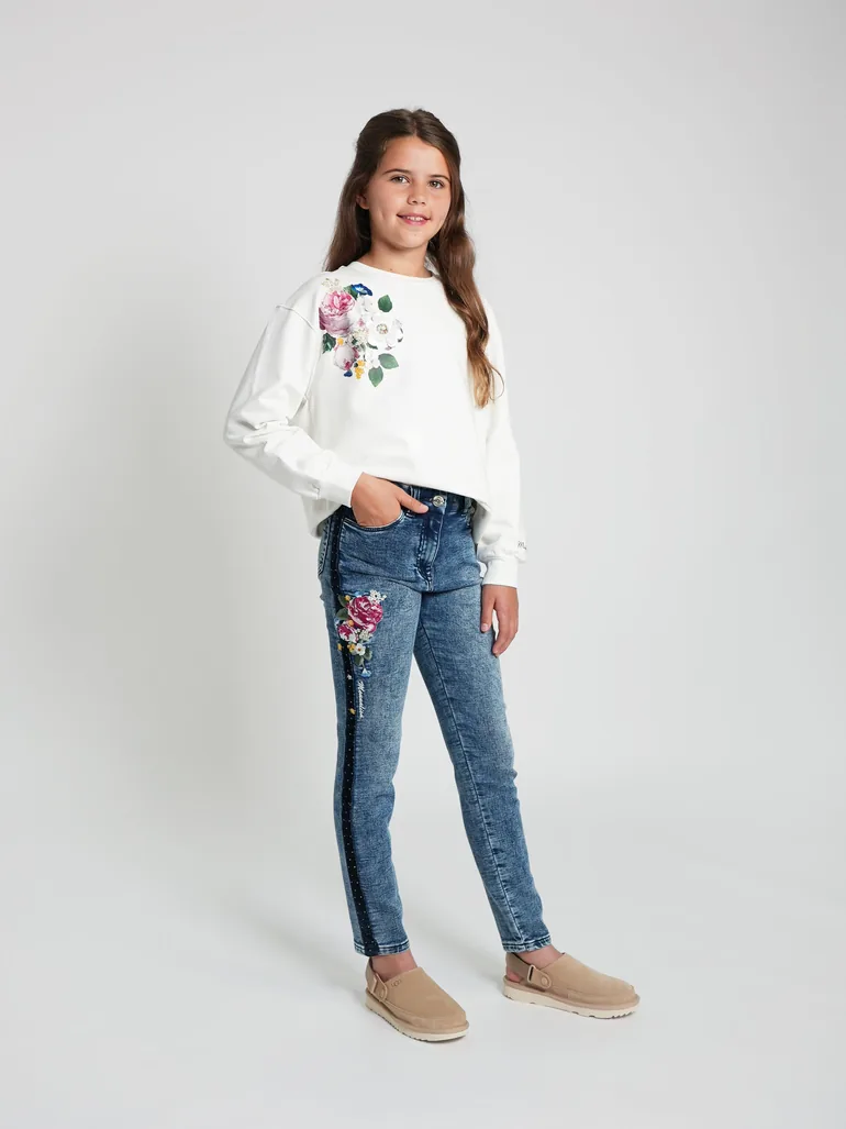 Girls Embroidered Denim Stretch Jeans in Blue
