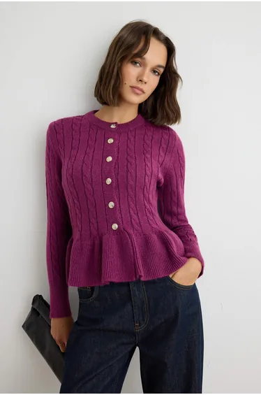 Plum Peplum Detailed Soft Textured Knitwear Cardigan
