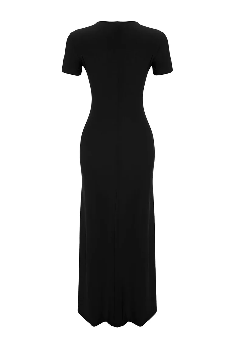 Black Short Sleeve Bodycone/Fitting Crew Neck Stretchy Knitted Maxi Dress - 6