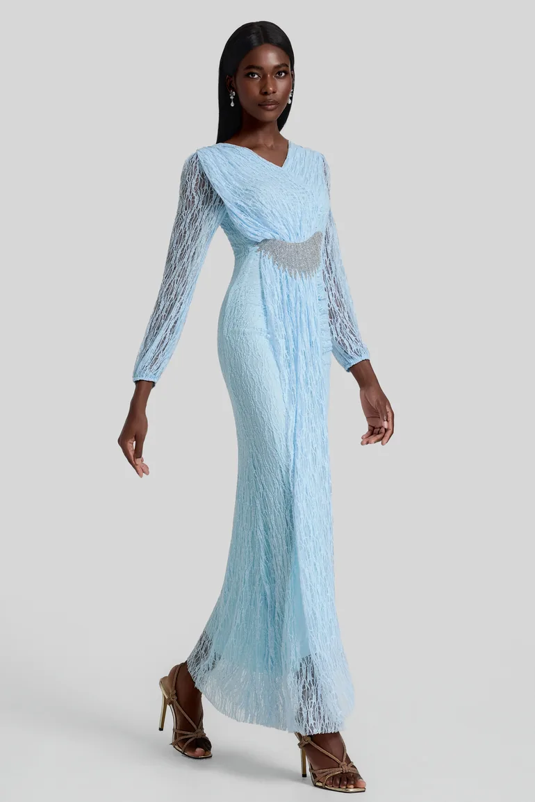 Lace Rhinestone Rivets Gathering Maxi Dress - 5