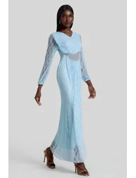 Lace Rhinestone Rivets Gathering Maxi Dress - 5