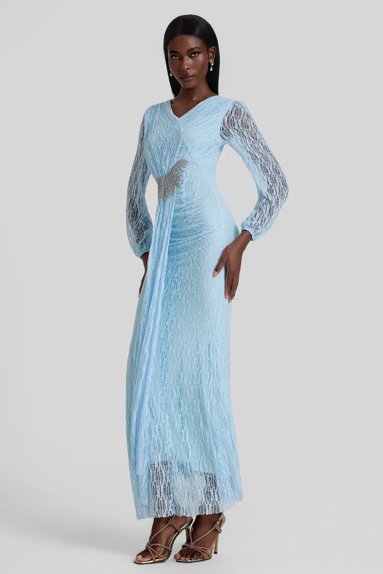 Lace Rhinestone Rivets Gathering Maxi Dress - 6