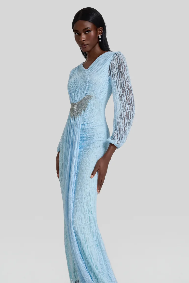 Lace Rhinestone Rivets Gathering Maxi Dress - 3