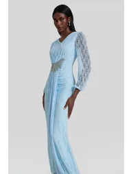 Lace Rhinestone Rivets Gathering Maxi Dress - 3