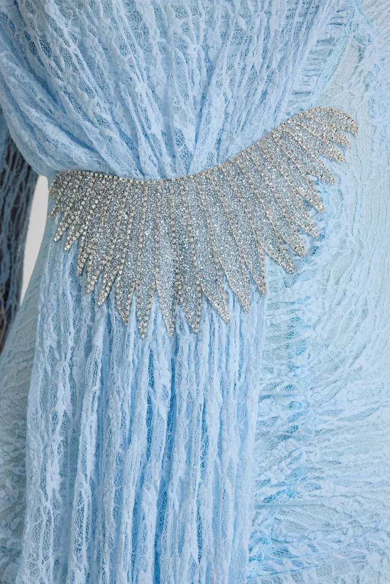 Lace Rhinestone Rivets Gathering Maxi Dress - 7