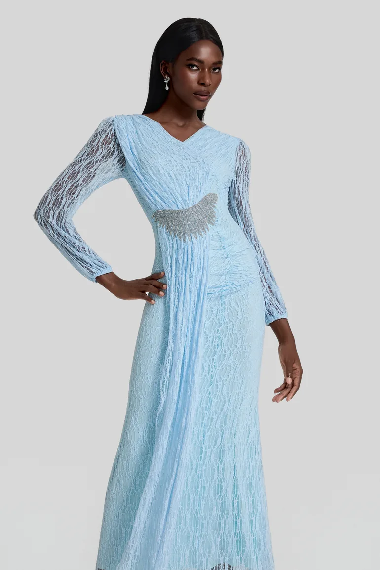 Lace Rhinestone Rivets Gathering Maxi Dress - 2