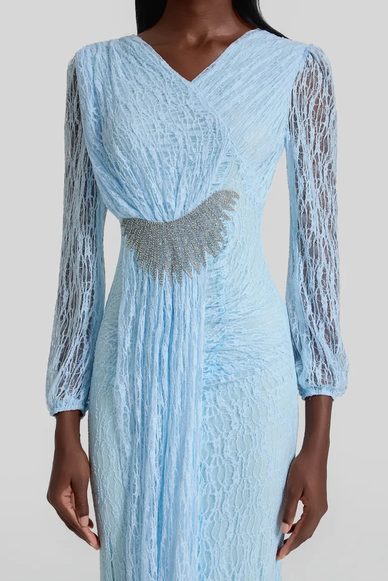 Lace Rhinestone Rivets Gathering Maxi Dress - 1