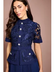 Pearl Button Lace Collared Midi Dress - 1