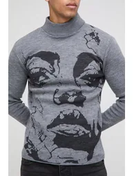 Muscle Fit Extended Neck Plated Face Graphic Knitted Jumper - grey - 2