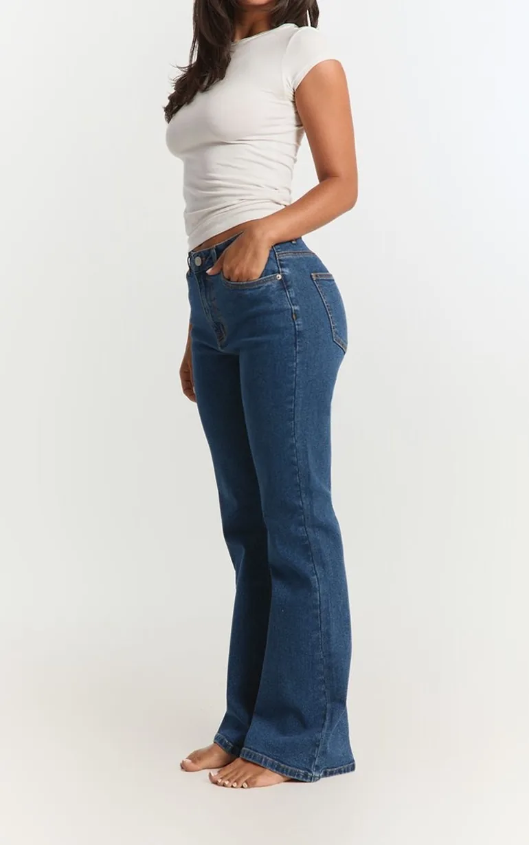 Petite Dark Blue High Waisted Denim Bootcut Jeans - 1