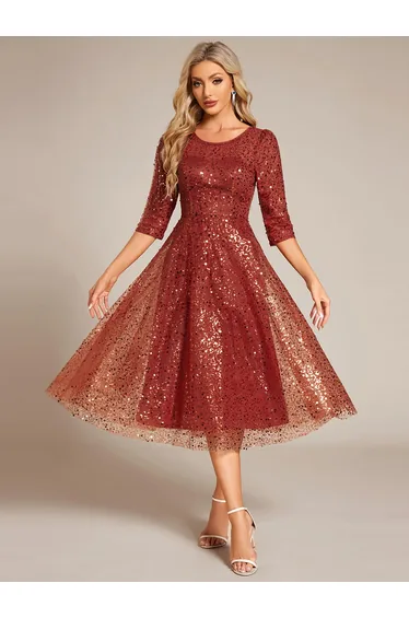 ever SIENNA|3/4 Sleeve Sparkly Sequin Round Neck Midi Wedding Guest Dress
