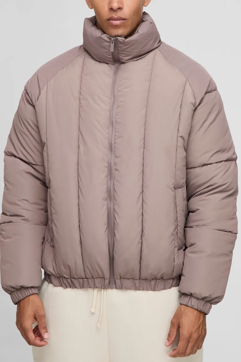 Oversized Vertical Panelled Hooded Puffer Jacket - taupe - 2