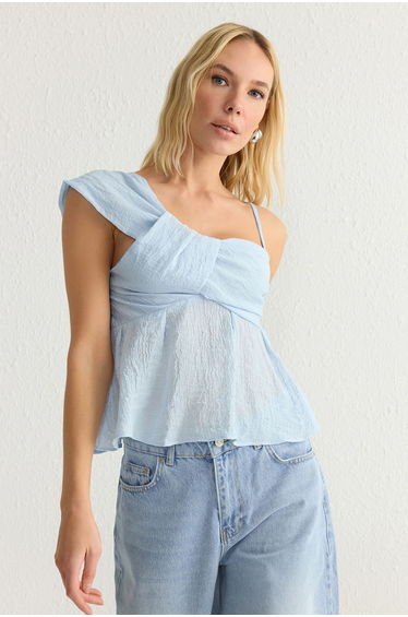 Light Blue Shoulder Strap Detailed Woven Blouse product thumbnail 2
