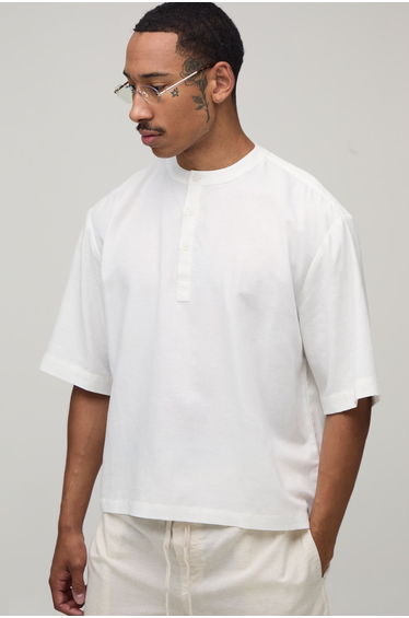 Oversized Boxy Linen Blend Half Sleeve Henley Shirt - white