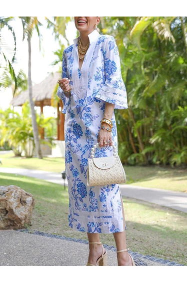 Flared Sleeves Loose Flower Print Split-Joint Split-side Deep V-Neck Midi Dresses