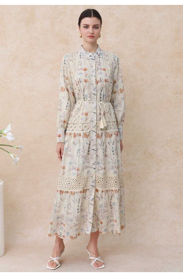 Floral Crochet Lace Bubble Sleeve Dolly Maxi Dress