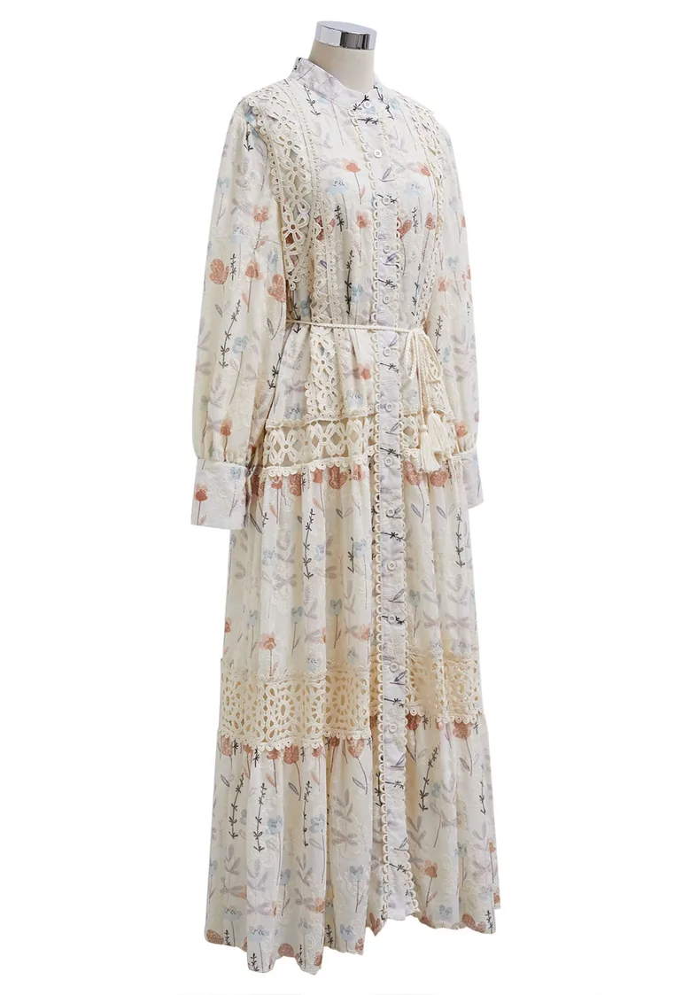 فستان ماكسي كروشية بأكمام دانتيل بطبعة أزهار - 9