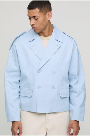 Oversized Boxy Double Breasted Twill Mac Jacket - light blue