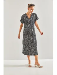 Women's V-Neck Patterned Dress - 1