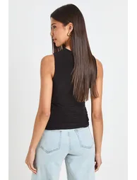 Ruched Waist Slinky Top With Twist Neck Tim - black - 2