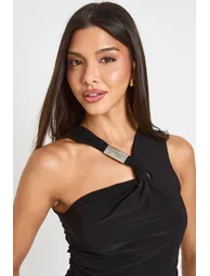 Ruched Waist Slinky Top With Twist Neck Tim - black - 3