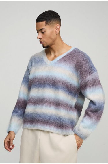 Oversized Boxy Brushed Stripe V Neck Knitted Jumper - brown