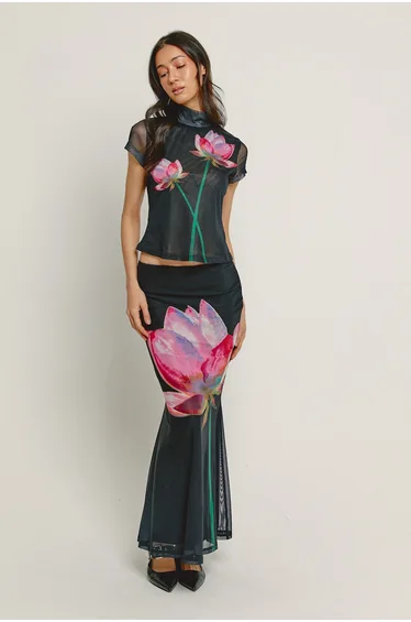 Black Digital Print Flower Mesh Maxi Skirt