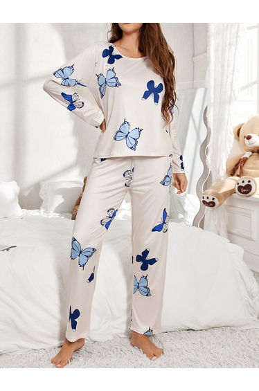 Butterfly Print Long Sleeve T-Shirt and Pyjama Set