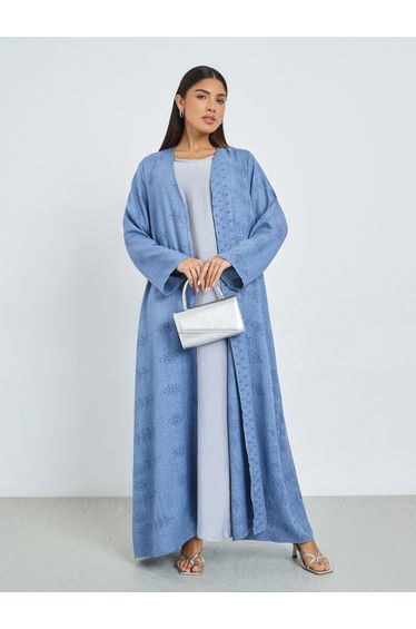 Blue Front Open Border Print Abaya